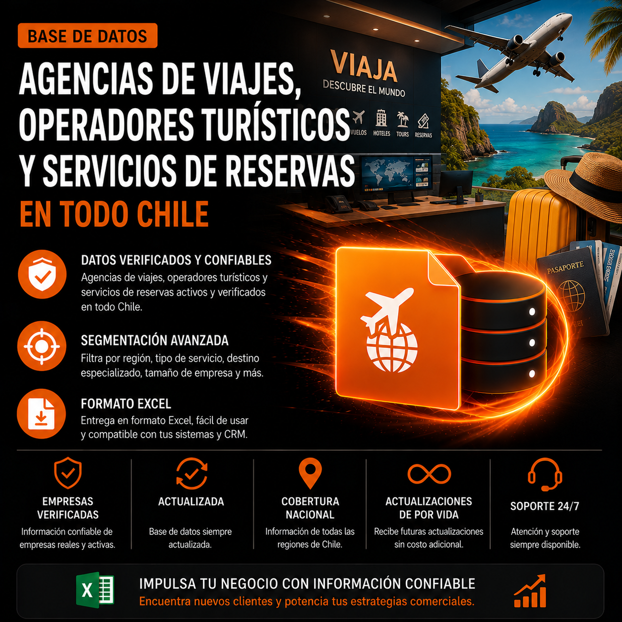 Base de datos Agencias de viajes, operadores turísticos y servicios de reservas en todo Chile. 2.600 Contactos