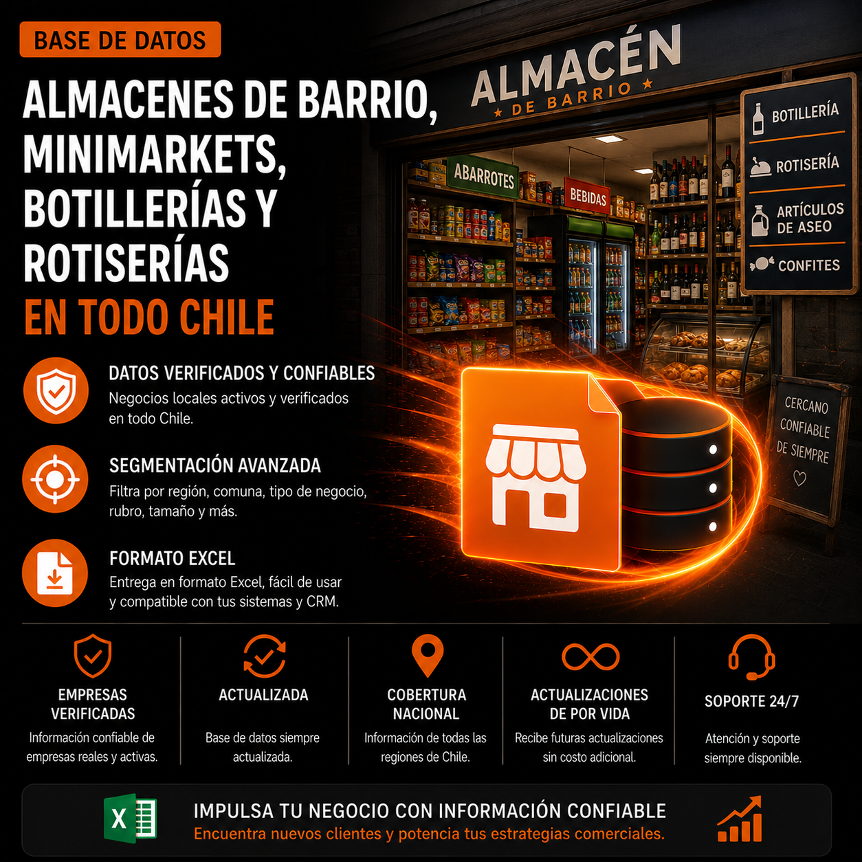 Base de datos Almacenes de barrio, minimarkets, botillerías y rotiserías en todo Chile. 18.800 Contactos