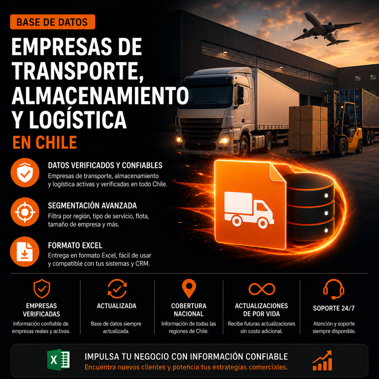 Base de Datos de empresas de transporte, almacenamiento y logística en Chile. 30.000 Contactos