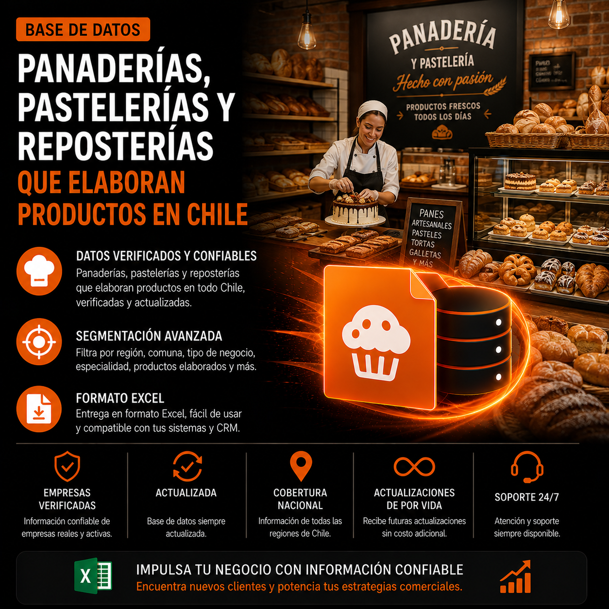 Base de datos Panaderías, pastelerías y reposterías que elaboran productos en Chile. 5.900 Contactos