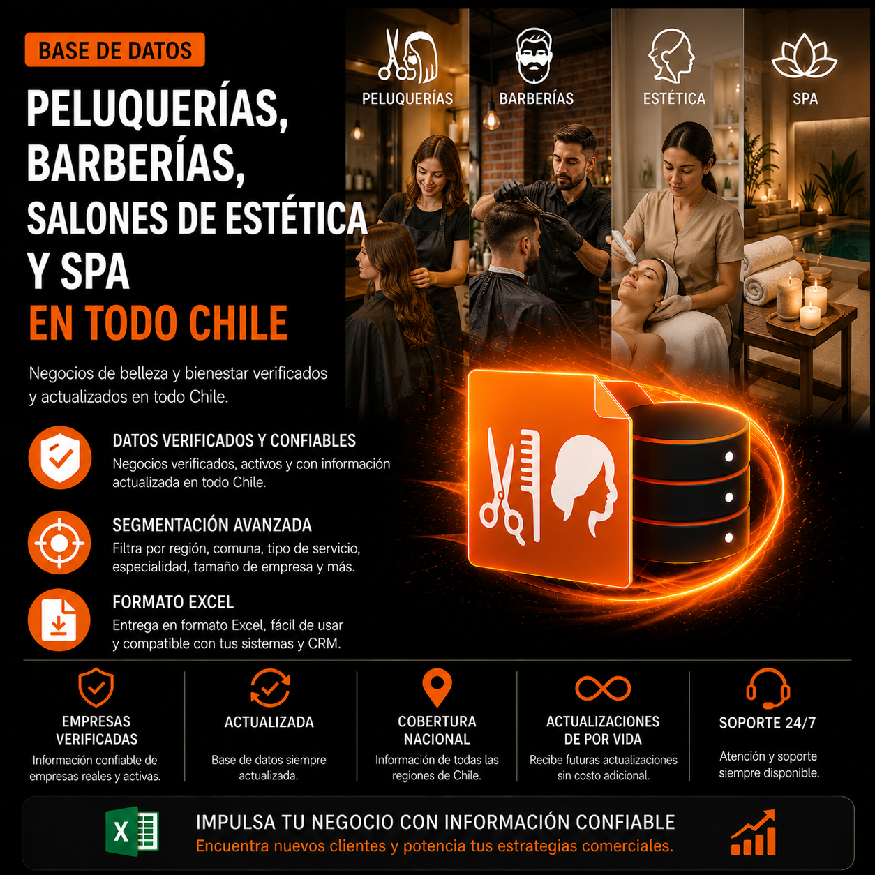 Base de datos Peluquerías, barberías, salones de estética y spa registrados en Chile.8.600 contactos