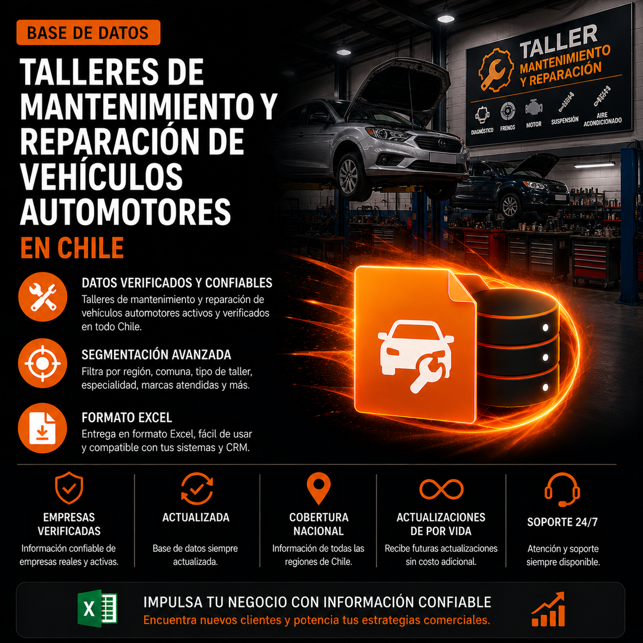 Base de datos Talleres de mantenimiento y reparación de vehículos automotores. 10.000 Contactos